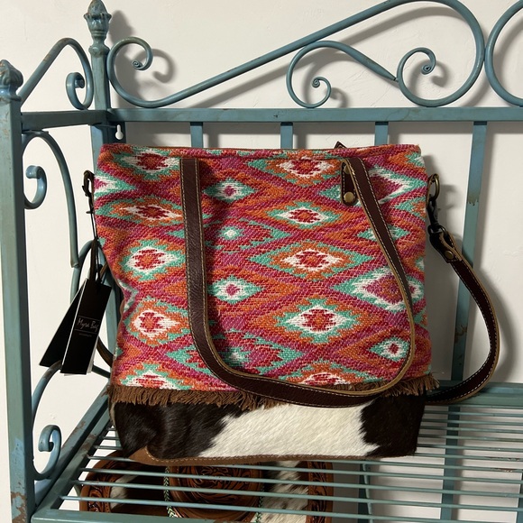 New Pink Myra Bag Cowhide Canvas Leather Tote large Barbie western - Picture 3 of 8